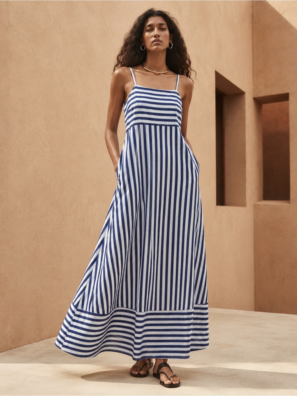 Japna NWT Blue White Striped Cotton Maxi Dress S Pockets Summer Resort